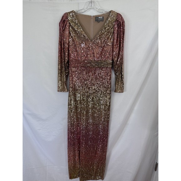 THEIA Adalee Ombre Sequined Puff-Sleeve Gown Dress Size 4 Womens Gold - Picture 2 of 9